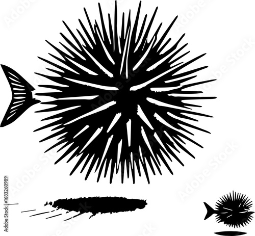 Illustration of a spiky pufferfish with a tail and visible spines in black and white style art