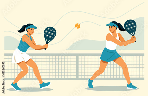Padel tennis. Vector illustration of a padel doubles match. Two women playing together in dynamic poses. Ideal for team sports, fitness and modern sports concepts, feminism