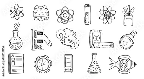 Science lab doodle sketch experiment set. Hand drawn atom, test tube, flask and tool. Study graphic icon scribble texture element. Vector illustration