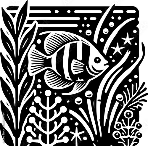 Illustration of a striped fish swimming among aquatic plants and bubbles in a black and white design