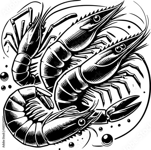 Illustration of a group of four stylized shrimps with detailed line work on a white circular background