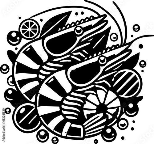 Illustration of two black and white shrimps with citrus slices and bubbles in a decorative arrangement