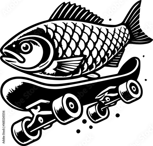 A black and white illustration of a fish riding on a skateboard with visible wheels and tail fin detail