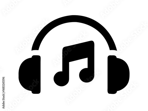Illustration of black headphones with a music note in the middle on a white background style graphic