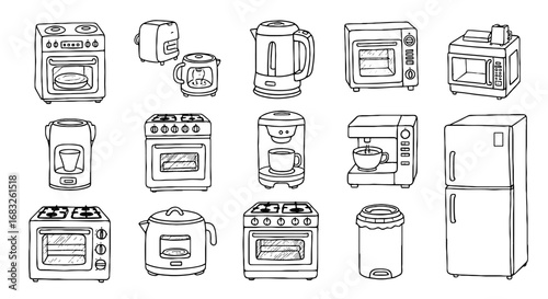 Line sketch home appliance icon set. Hand drawn oven, refrigerator, coffee maker, toaster kitchen equipment. Pen line doodle kitchen object. Vector illustration