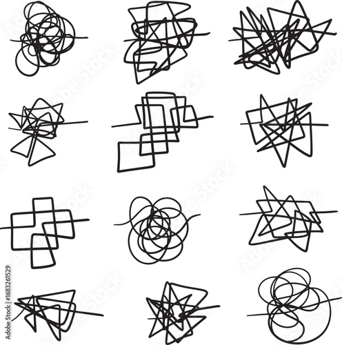 Doodle lines hand drawing tangled insane mess scribble confused brain thinking clutter complicated concept. Squiggles and scrawl vector set
