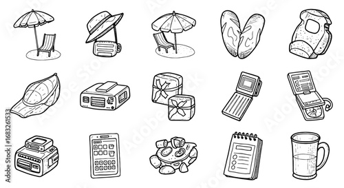 Line sketch doodle object set. Hand drawn umbrella, food, phone, notebook, gift, radio, mug, camp icon. Art line texture vector illustration