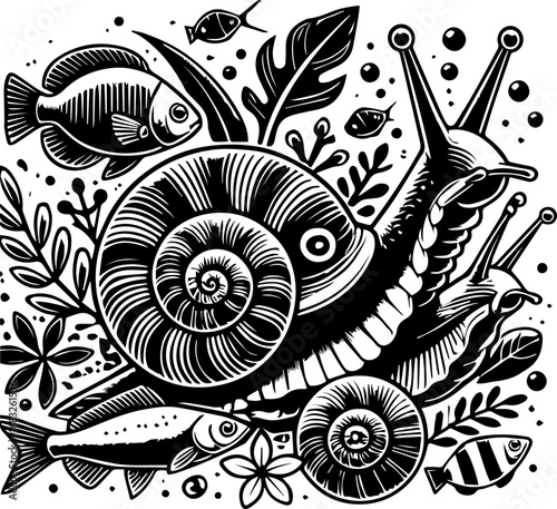 Detailed black and white illustration of snails fish plants and bubbles in a clustered composition