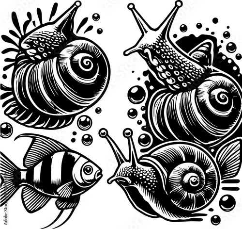 Detailed monochrome illustration of three snails and a fish with bubbles in a marine scene