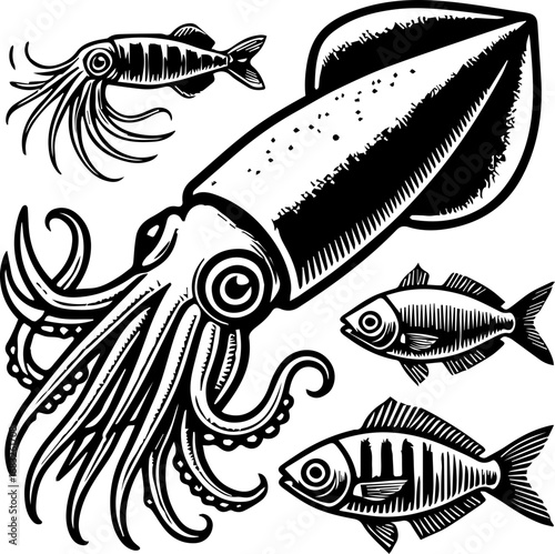 Illustration of a large squid with tentacles and two fish in black and white line art style design vector