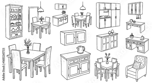 Line sketch interior furniture set. Hand drawn sketch table, chair, cabinet element. Pen line home decor room setting. Vector illustration