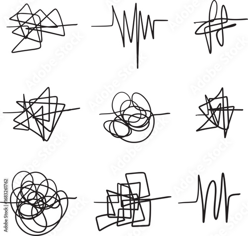 Doodle lines hand drawing tangled insane mess scribble confused brain thinking clutter complicated concept. Squiggles and scrawl vector set