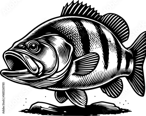 Illustration of a striped bass fish with its mouth open in black and white vector design style art