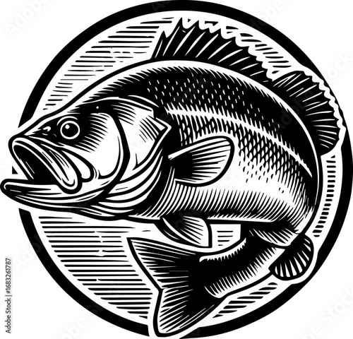 Illustration of a detailed black and white bass fish inside a circular frame with line art style design