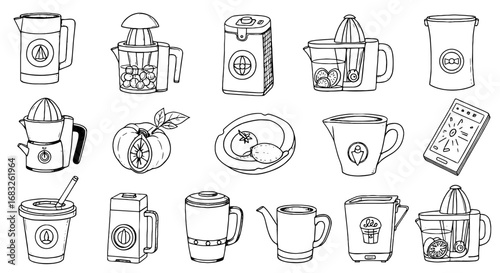 Line art kitchen utensil and food sketch set. Hand drawn doodle fruit, juicer and cup appliance. Pen line cooking decoration scribble shape icon.