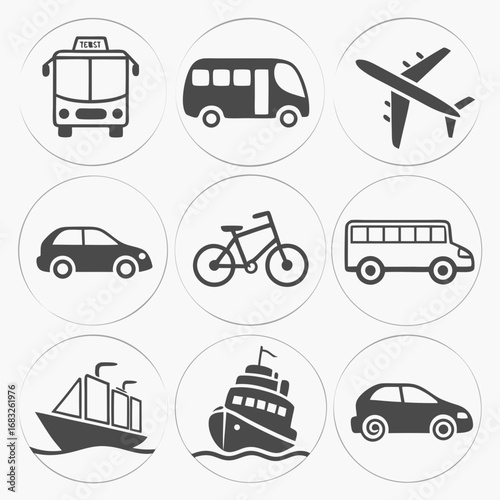 Flat icons. Bus, metro, taxi, scooter, bicycle, electric car, ship, plane, truck, car sharing.