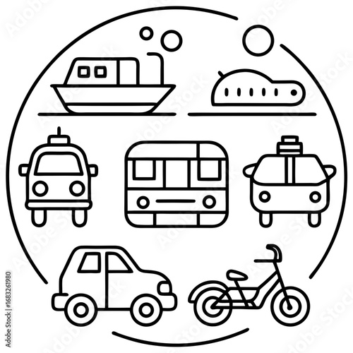 Flat icons. Bus, metro, taxi, scooter, bicycle, electric car, ship, plane, truck, car sharing.