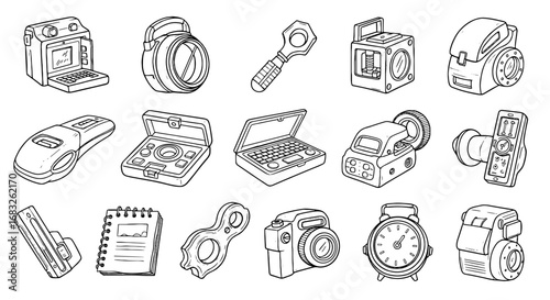 Line art sketch gadget device object set. Hand drawn doodle camera, alarm clock, laptop computer. Simple outline tech illustration.