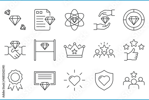 Values related line icons set. Value, gem, love, crown, like, certify, and so on. Vector editable stroke.