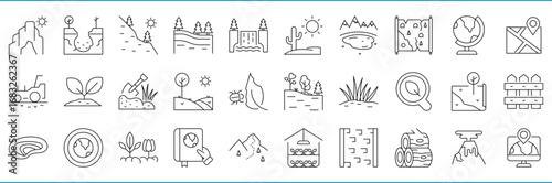 Landscaping related line icons set. Landscape, geography, landform, vegetation, desert, cliff, waterfall, forest, map and so on. Vector editable stroke.