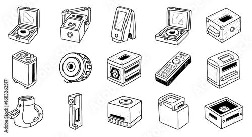 Doodle sketch retro sci-fi gadget icon set. Hand drawn sketch retro tech symbol. Doodle equipment shape vector illustration