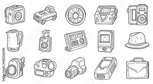 Sketchy line art gadget, device, and personal item collection in drawing style