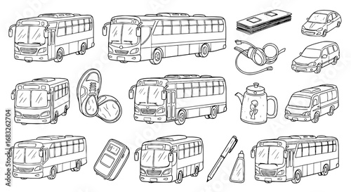 Sketch line bus vehicle travel element set. Transportation vehicle doodle art.