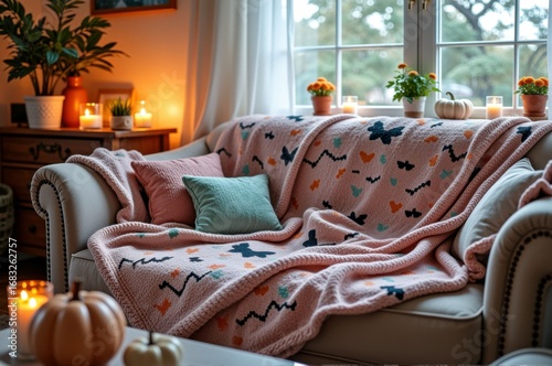 Cozy living room with autumn decor and knit blanket on sofa