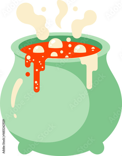 A bubbling green witch's cauldron filled with a magical red potion, emitting steam and smoke for a spooky Halloween brew.