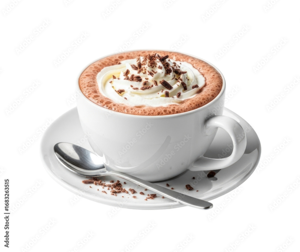 Naklejka premium Hot Chocolate with Whipped Cream and Chocolate Shavings cutout isolated transparent bg png