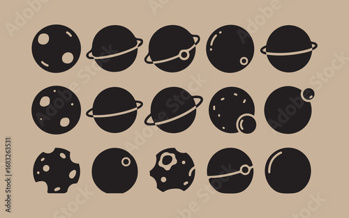 Collection of hand drawn black planets and celestial bodies on a beige background