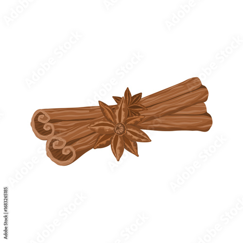 A hand-drawn vector element with cinnamon sticks and a star anise. Perfect for food and beverage designs or adding a cozy touch to holiday illustrations