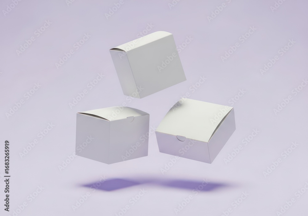 Obraz premium Blank white cardboard boxes levitate against a light purple background modern minimalist design