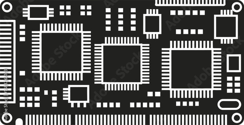 Black and white illustration of a complex electronic circuit board with many chips