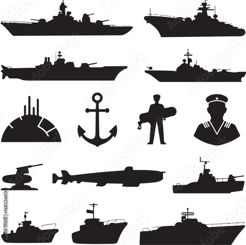 Collection of naval and maritime vessel silhouettes with anchor and sailor ship boat
