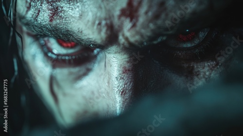 Intense gaze of menacing figure with glowing red eyes and bloody marks