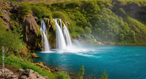 Cascade waterfalls cascading into turquoise lake, lush green mountains