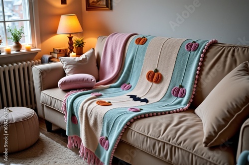 Cozy living room sofa with festive halloween-themed blanket and decorations
