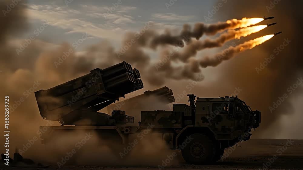 Tank Firing Rockets Military Rocket Launch in Action with Explosive Sparks and Smoke during ...