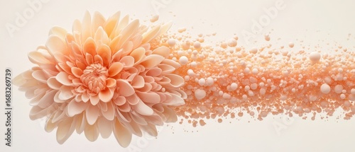 Peachy flower dissolving into many small spheres and particles against a soft neutral background, a transformation.