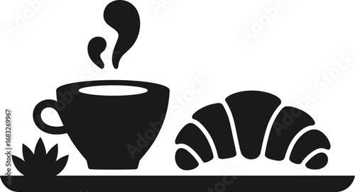 Simple black silhouette of coffee cup and croissant on a tray