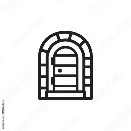A simple line drawing of a door in a stone archway.