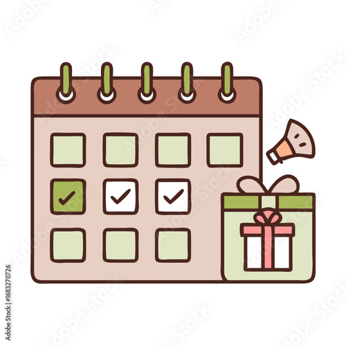 Planning related icons. Calendar with highlighted date, clock, invitation, ticket, conference (microphone), birthday (cake), scroll (guest list), finish flag, gift box.