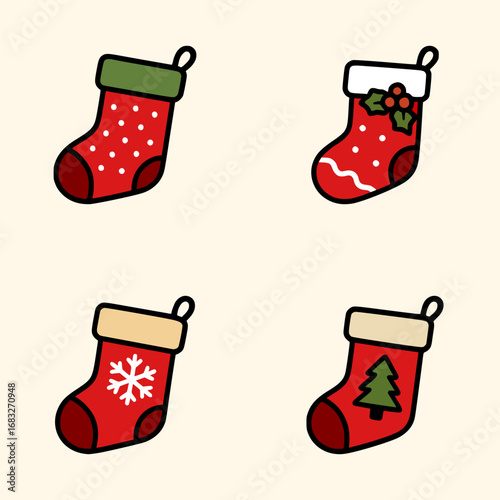 Collection of traditional Christmas socks in red with green, white, and gold details, featuring winter holiday decorative seasonal elements