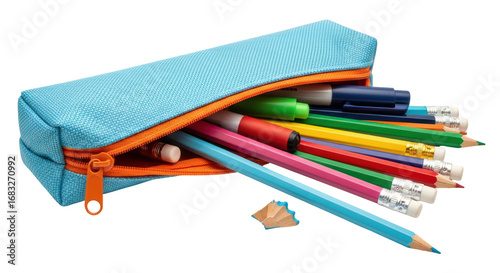 Isolated pencil case with colored pencils