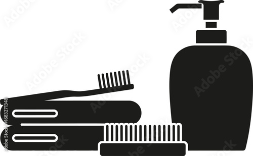 Black silhouette of bathroom hygiene items including a soap dispenser toothbrush and brush