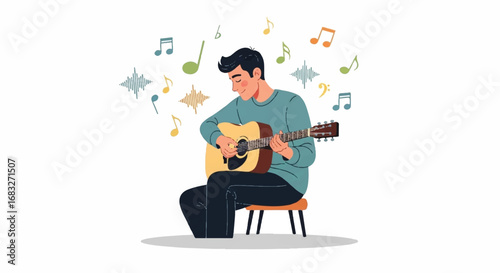 A young man sits on a stool and plays an acoustic guitar, with musical notes and sparkles floating around him in a vector illustration.