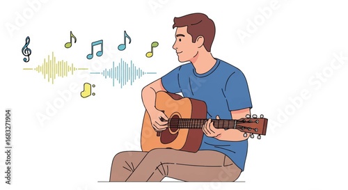 A young man sings and plays an acoustic guitar, with musical notes and sound waves illustrating the music he is creating.