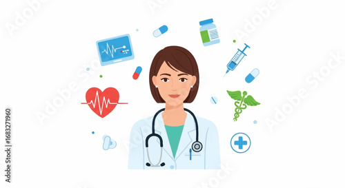 Female doctor with a stethoscope surrounded by medical icons representing healthcare, including a heart, EKG monitor, pills, and a syringe on a white background.