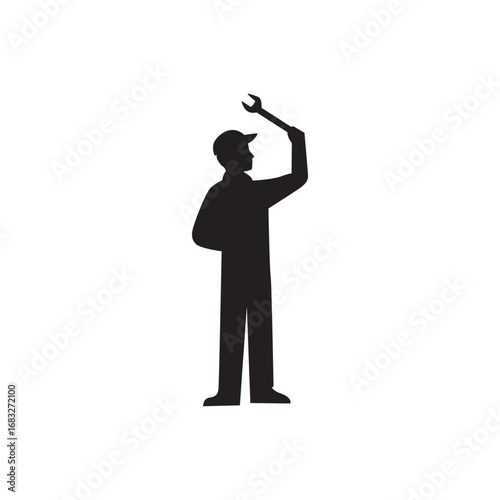 Confused mechanic silhouette. Worker silhouette holding wrench, symbol for problem-solving or repair issues.
